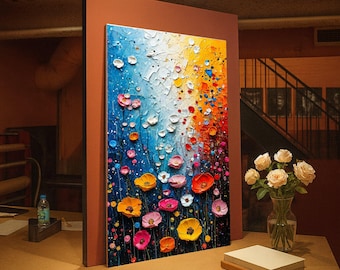 Vibrant Floral Bouquet Canvas, Flowers Wall Art, Colorful Abstract Garden Painting, Home Decor Canvas Art, Modern Floral Canvas