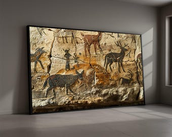 Uralte Höhlenmalerei Leinwand, Prähistorische Felszeichnung, Wanddekoration, Stammes-Tierfiguren, rustikale Dekoration, Archäologie Leinwandkunst