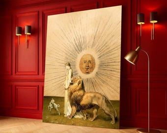 Mythical Lion and Woman Canvas Wall Art, Vintage Sun Face Illustration, Surreal Animal Fantasy Artwork, Mystical Home Decoration