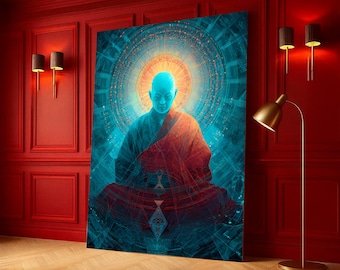 Enlightened Monk Meditation Canvas, Spiritual Wall Art, Cosmic Aura Artwork, Zen Home Decoration, Modern Abstract Canvas Print