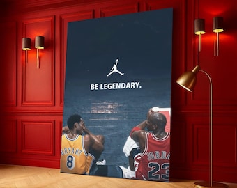 Legendarische basketbalpictogrammen canvas muurkunst, Kobe Bryant en Michael Jordan, inspirerende sportcitaat, legendarische muurdecoratie,
