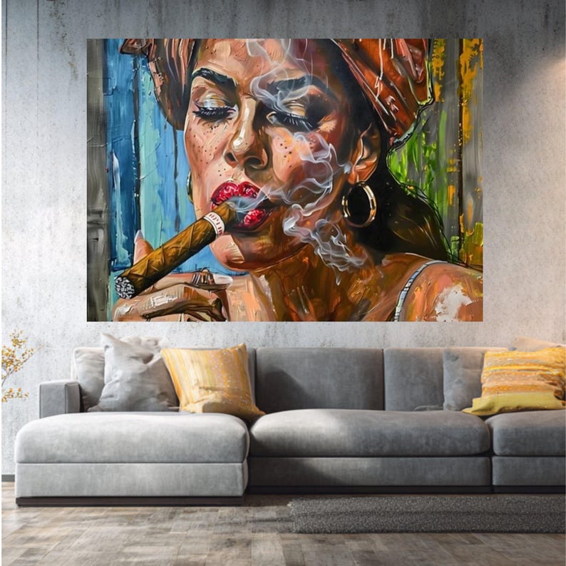 Bold Woman Smoking Cigar Canvas, Urban Wall Art Painting, Modern Portrait Canvas, Colorful Home Decor, Ready to Hang Artwork image 6