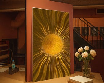 Radiant Golden Sunburst Canvas, Abstract Sun Wall Art, Modern Home Decoration, Warm Metallic Yellow Canvas, Living Room Art Piece