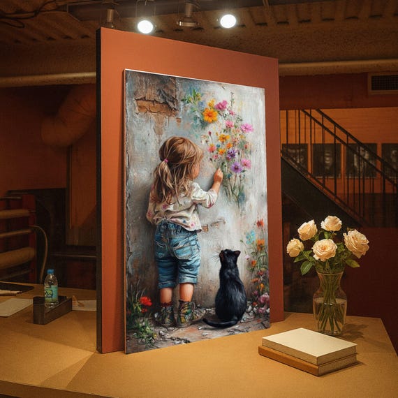Childhood Innocence Canvas Wall Art, Girl with Flowers and Cat, Whimsical Kids Room Decor, Nature Wall Art, Rustic Home Decoration