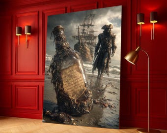 Lienzo con mensaje pirata en una botella, escena de playa con naufragio náutico, arte mural pirata de fantasía oscura, lienzo de aventura oceánica, místico marítimo