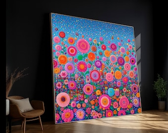 Vibrant Abstract Floral Garden Canvas, Colorful Dot Art, Bright Flowers Wall Art, Contemporary Home Decoration, Large Canvas Painting