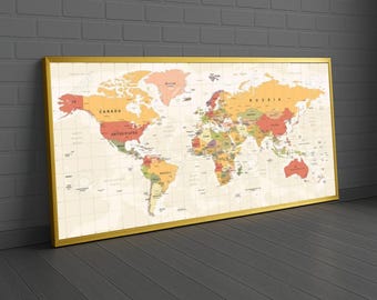 Vintage World Map Canvas Wall Art, Political Map Print, Educational Home Decor, Travel Theme Canvas, Geography Wall Art, Ready to Hang