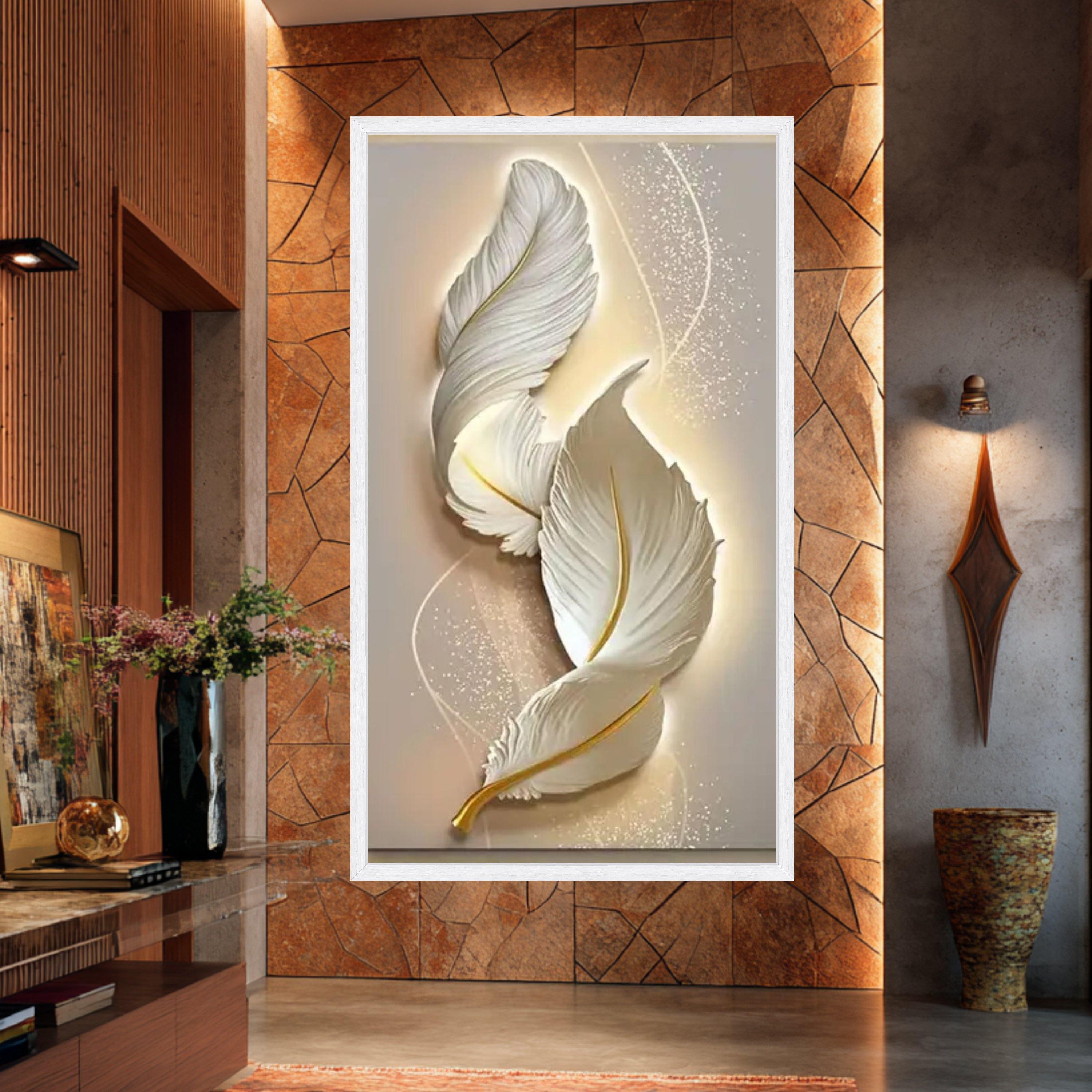 Elegant White Feathers Canvas Wall Art, Soft Gold Accents, Modern ...
