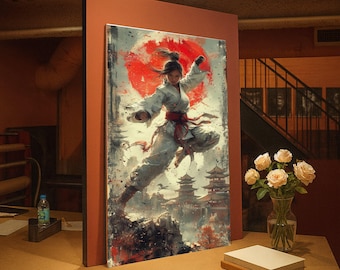 Karate Girl Canvas Art, Japanese Temple, Asian Warrior, Handmade Cotton Print
