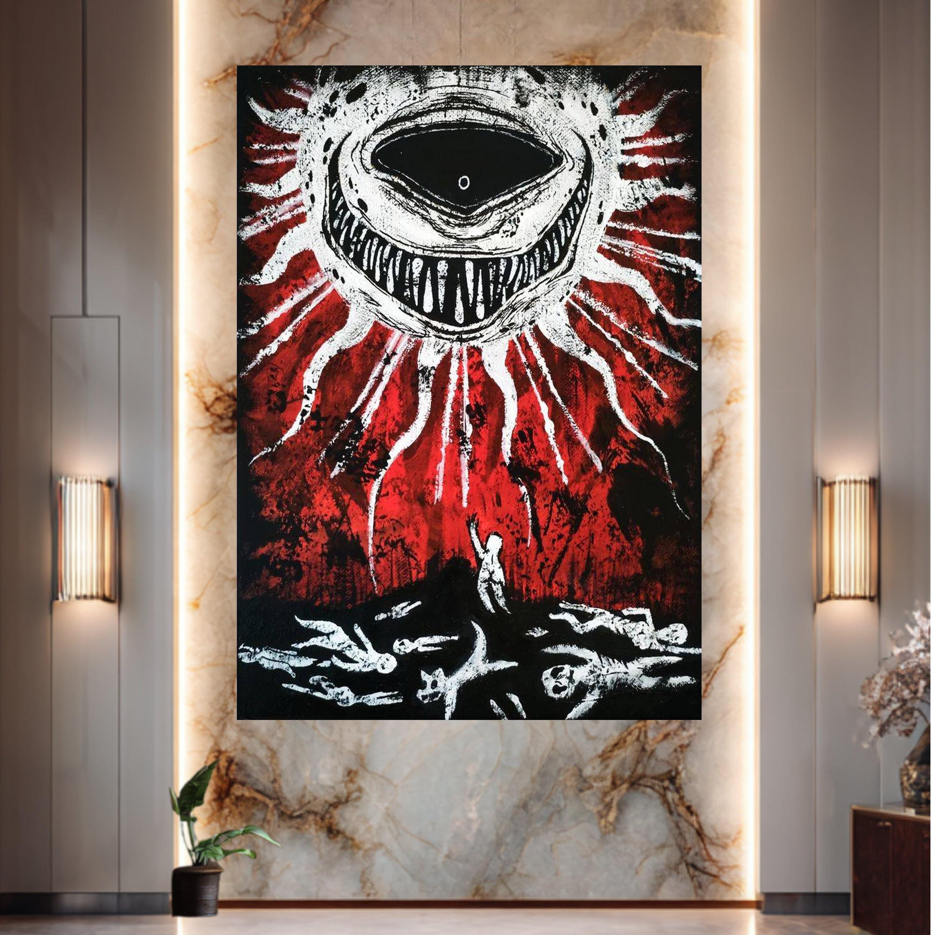 Abstract Dark Horror Canvas, Surreal Eye Monster Wall Art, Red and