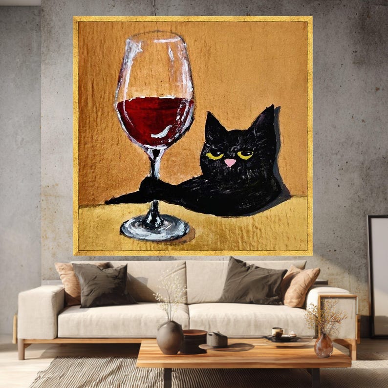 Playful Black Cat With Red Wine Glass Canvas, Whimsical Animal Art, Fun ...