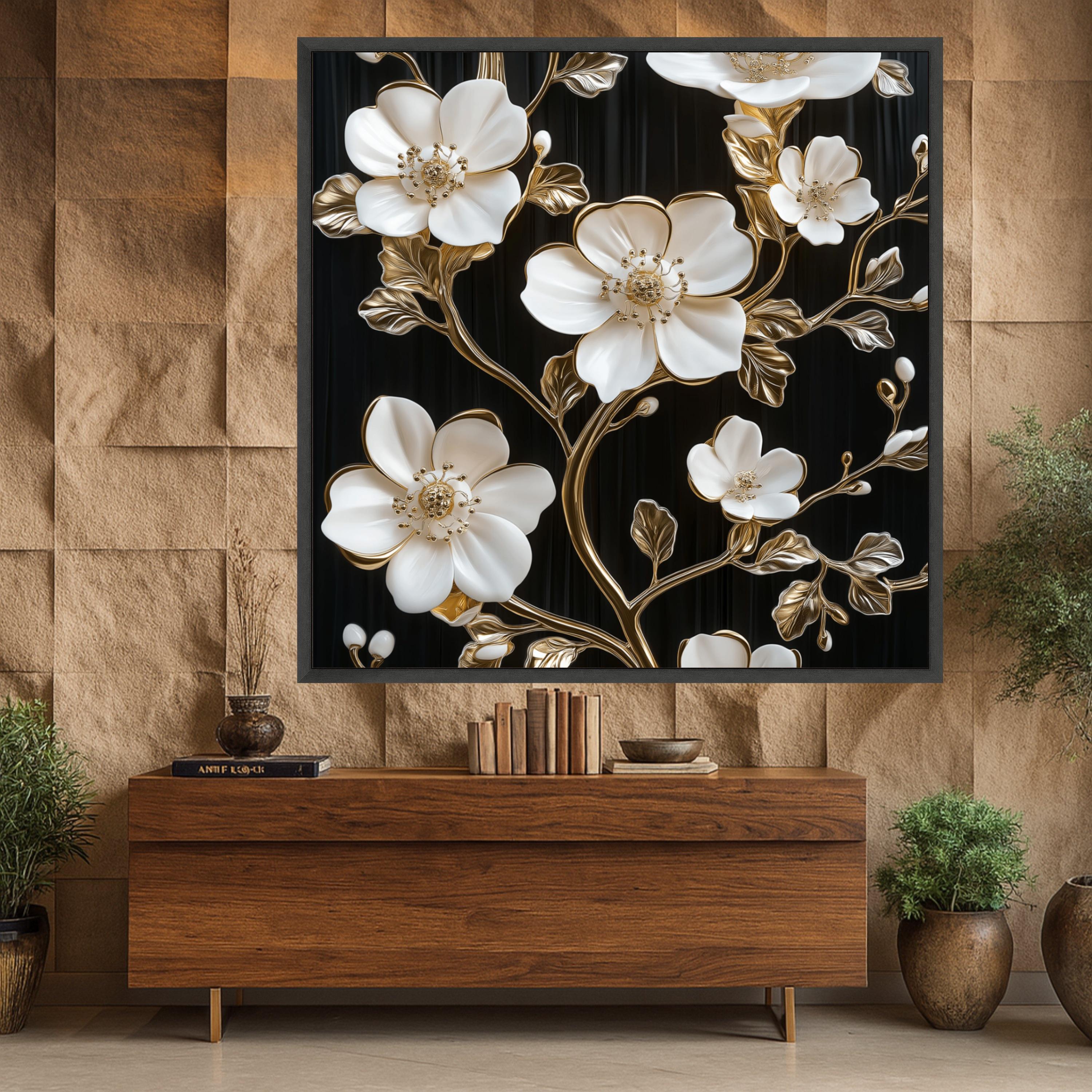 Elegant White and Gold Floral Canvas Wall Art, Luxury Flower Branch ...