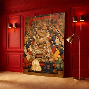 古代中国の宴会風景キャンバス、歴史的な王室の饗宴の壁アート、伝統的なアジア文化の絵画、ヴィンテージダイニングルームの装飾