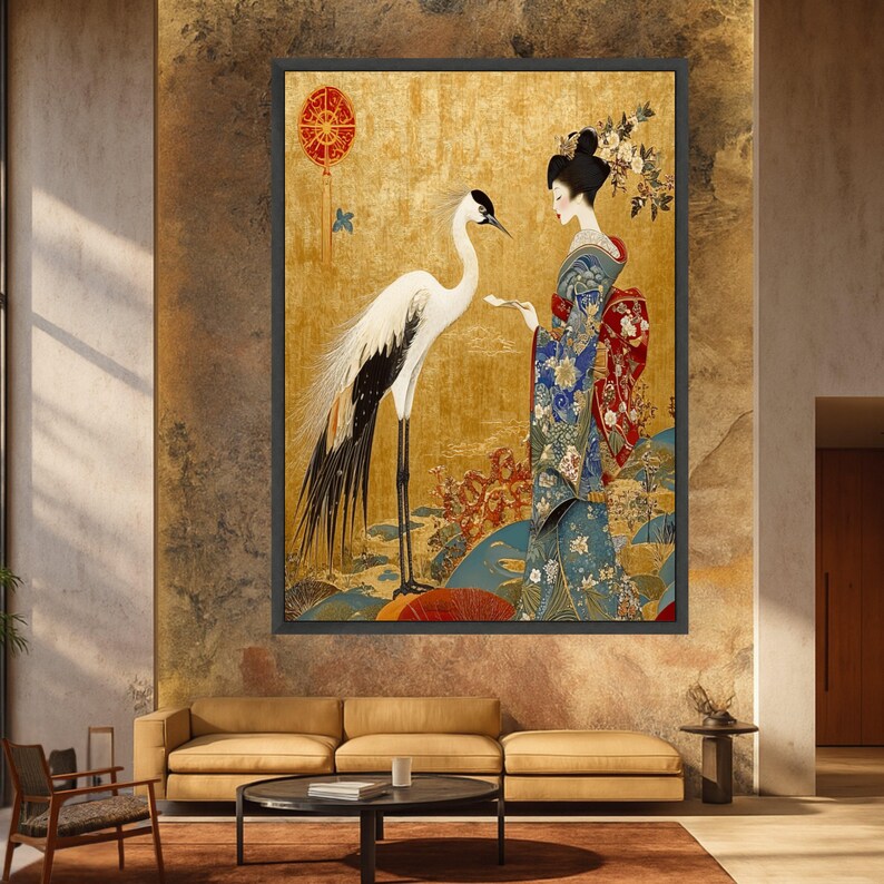 Elegant Japanese Geisha Canvas Art, Crane Bird and Floral Kimono Wall ...
