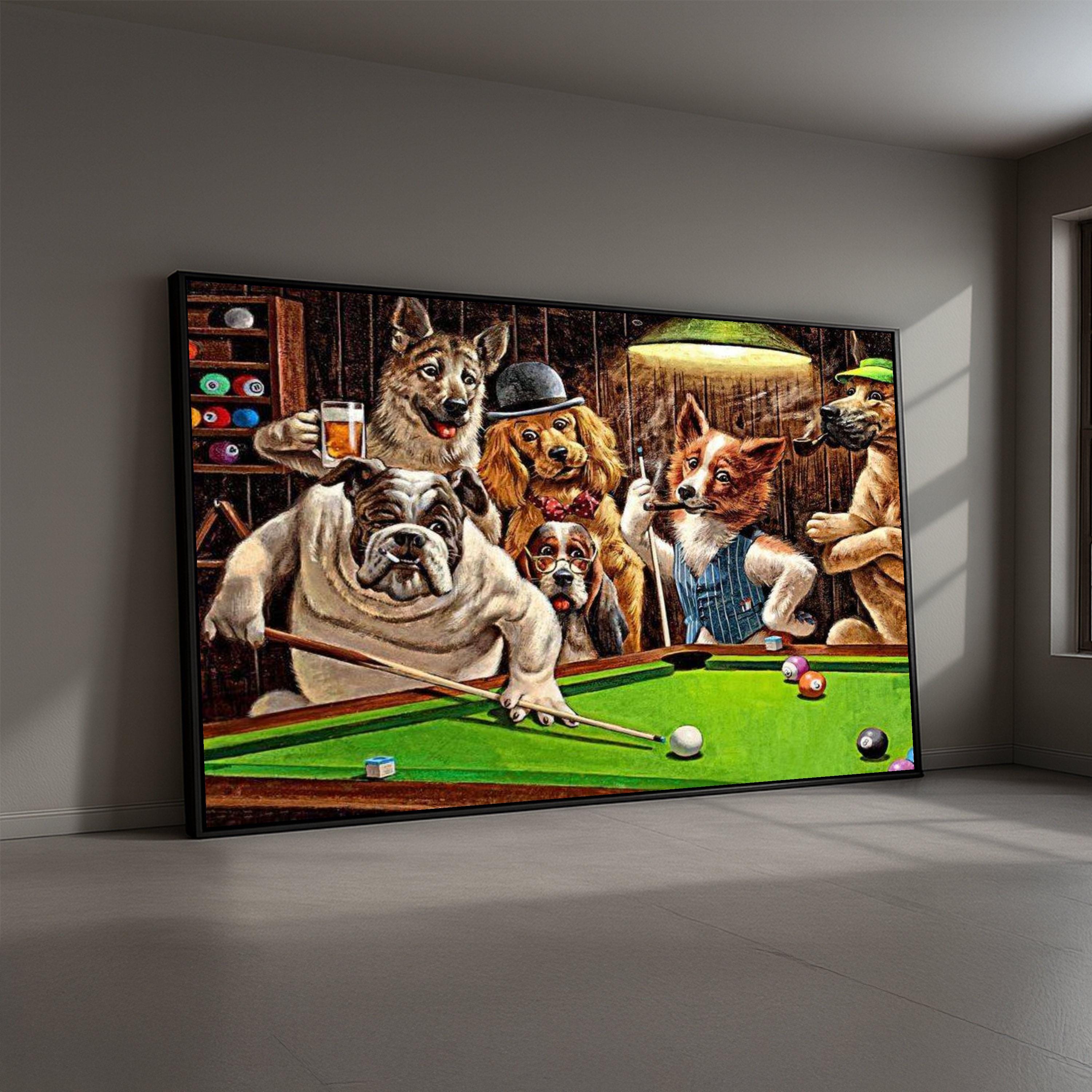 Tableau Toile Chiens Jouant Au Billard – Impression Drôle Pour Décoration Salon 80x110 Cm (Avec Cadre)