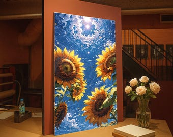 Radiant Sunflower Bouquet Canvas, Blue Sky Floral Wall Art, Summer Nature Scene Canvas, Bright Yellow Flower Decoration, Ready to Hang