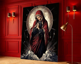 Sacred Virgin Mary Canvas Wall Art, Religious Prayer Portrait, Spiritual Christian Decoration, Halo Artwork for Home