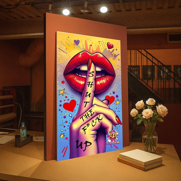 Bold Pop Art Lips with Shush Gesture Canvas, Grafische Moderne Wandkunst, Bunte Lippen und Finger Design, Zeitgenössische Wohnkultur, Bereit zu