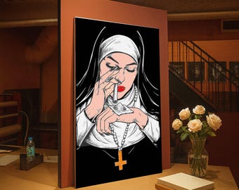 Bold Nun Canvas Wall Art, Pop Art Religious Contrast, Modern Gothic Home Decor, Edgy Wall Poster, Unique Statement Canvas Print