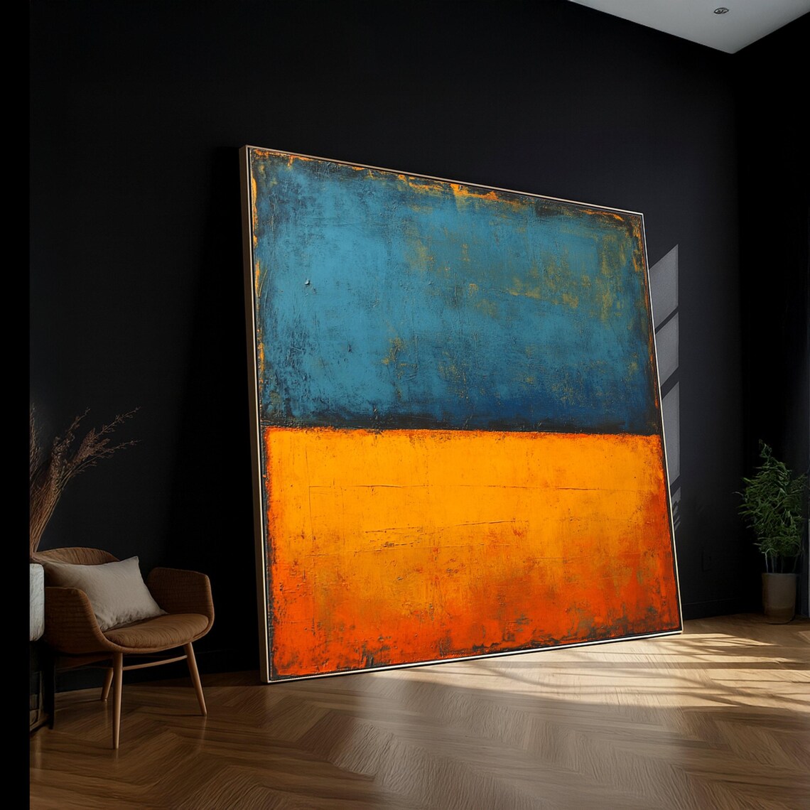 Abstract Blue and Orange Canvas Art, Modern Color Block Wall Decor ...