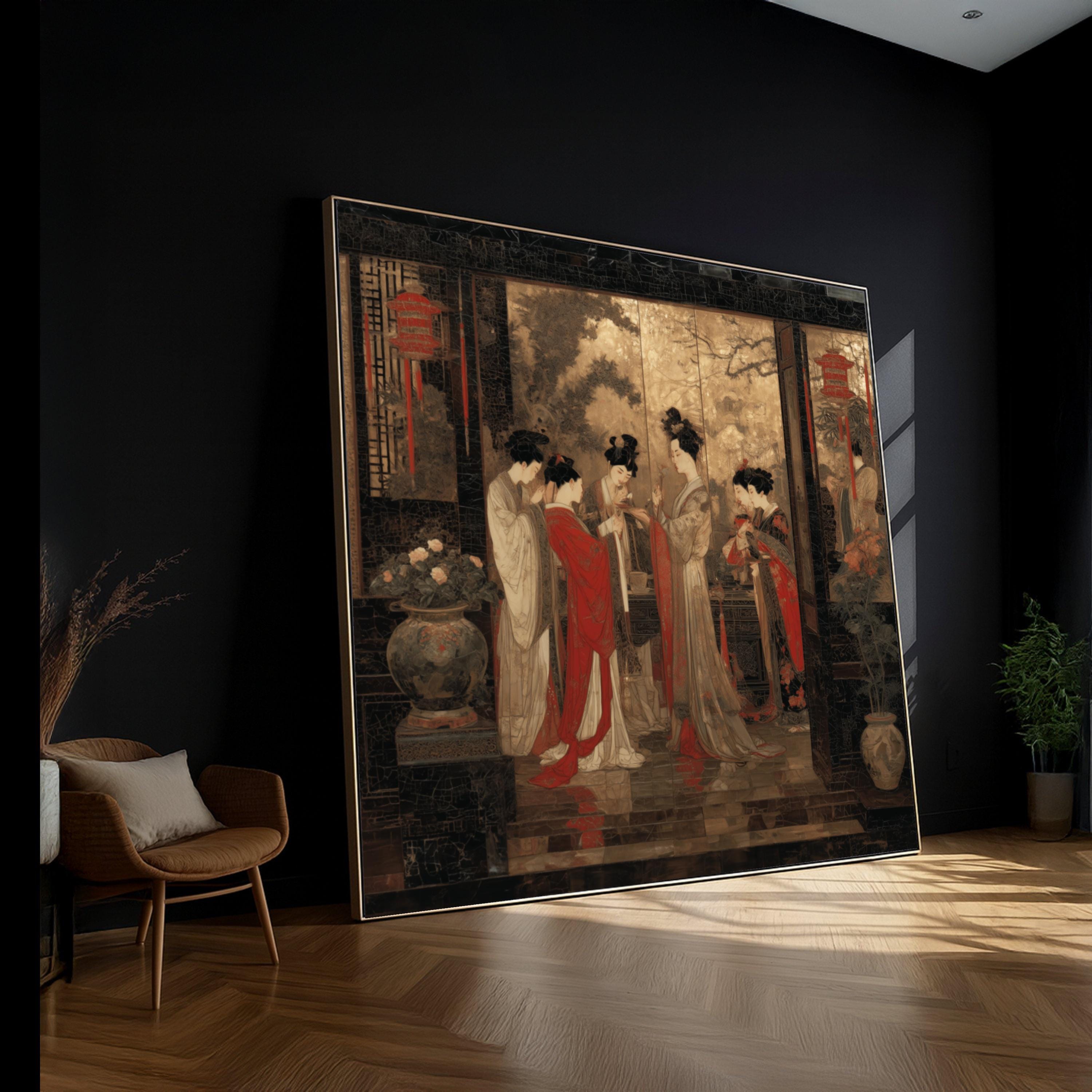 Elegant Geisha Gathering Canvas Wall Art, Traditional Japanese