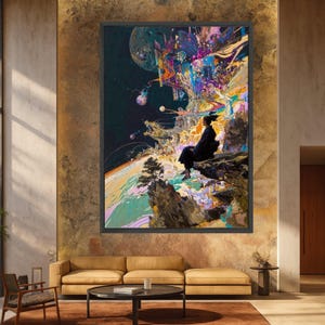 Lienzo de meditación cósmica surrealista, arte espacial abstracto, decoración de pared de paisaje onírico, pintura de paisaje místico, arte mural moderno en lienzo imagen 3