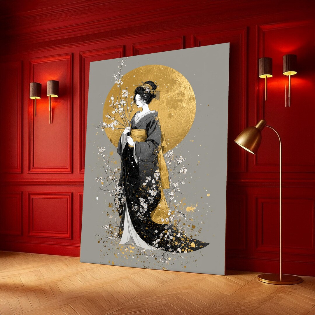 Elegant Geisha With Cherry Blossoms Canvas, Japanese Woman Art Print ...
