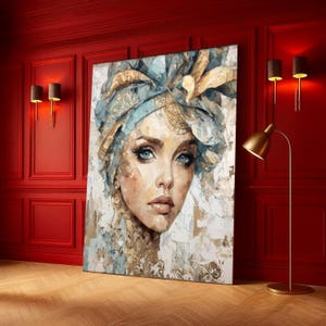 Elegant Woman Portrait Canvas, Contemporary Face Art, Blue Gold Headwrap Painting, Style Wall Decor, Feminine Canvas Wall Art