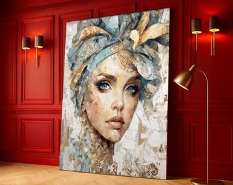 Lienzo con retrato de mujer elegante, arte facial contemporáneo, pintura con pañuelo azul y dorado, decoración de pared con estilo, arte mural femenino en lienzo.