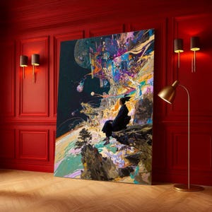 Lienzo de meditación cósmica surrealista, arte espacial abstracto, decoración de pared de paisaje onírico, pintura de paisaje místico, arte mural moderno en lienzo imagen 1