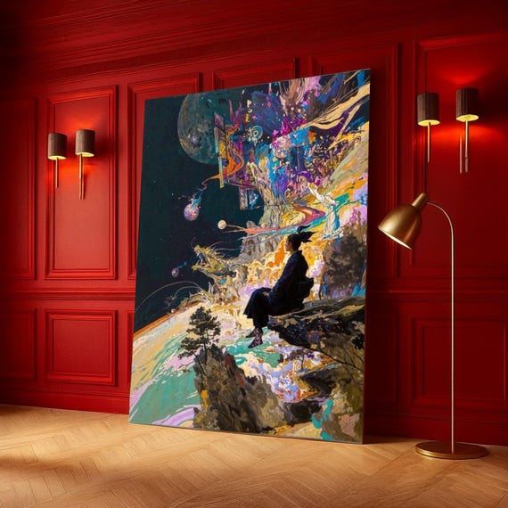 Surreal Cosmic Meditation Canvas, Abstract Space Art, Dreamscape Wall Decor, Mystical Landscape Painting, Modern Canvas Wall Art