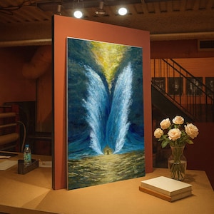 Cuadro de pared "Aguas que se separan", pintura de Moisés y la división del mar, lienzo con escena bíblica, decoración espiritual para el hogar, diseño de arte mural inspirador.
