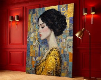Gustav Klimt – Gyllene mosaikporträtt Elegant kvinna i jugendstil Canvastavla Lyxig dekorativ väggkonst för moderna hem, present