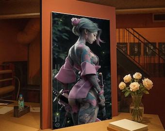 Tattooed Samurai Woman Canvas Wall Art, Pink Kimono Girl with Swords, Asian Warrior Art, Modern Japanese Tattoo Design, Home Wall Decoration