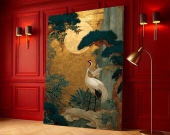 Elegant Crane Birds Canvas Wall Art, Gold Moon Nature Scene, Asian Botanical Print, Oriental Landscape Canvas, Serenity Home Decor