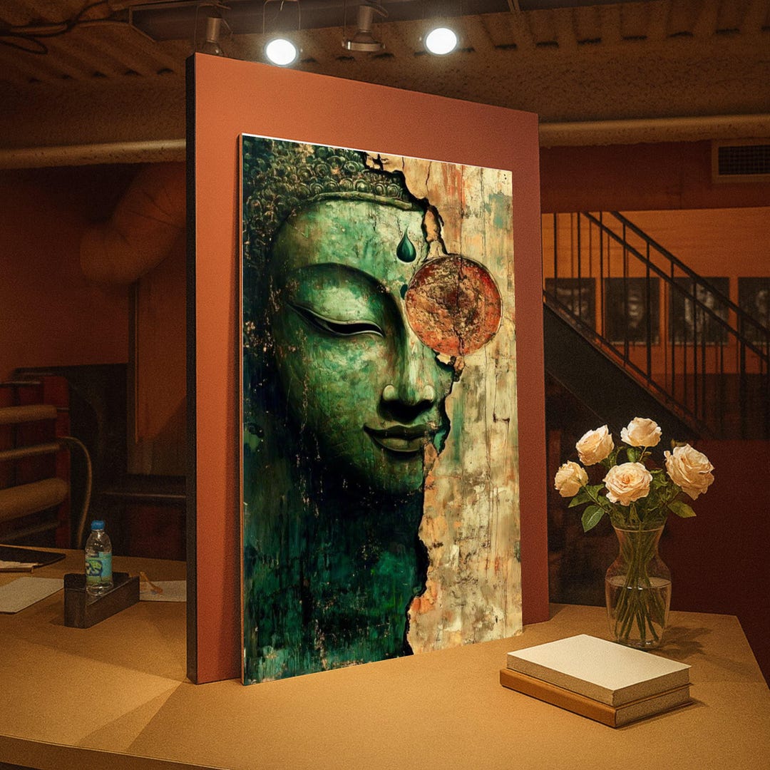 Tranquil Buddha Face Canvas, Rustic Wall Art, Spiritual Home Decor ...