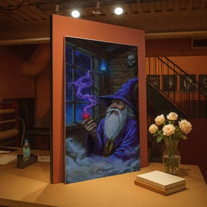 神秘的な魔法使いがパイプを吸っているキャンバスプリント、ファンタジーウォールアート