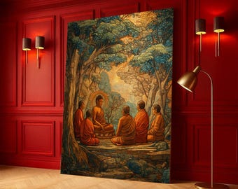 Meditative Buddha with Monks Canvas Wall Art, Spiritual Forest Scene, Zen Buddhist Decor, Tranquil Meditation Canvas, Sacred Home Decoration