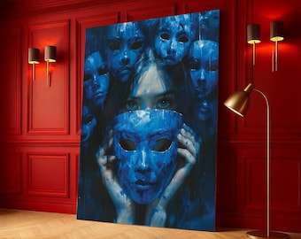 Mysterious Blue Mask Faces Canvas, Surreal Portrait Wall Art, Modern Expressionist Canvas, Abstract Female Face Painting, Home Decor Accent