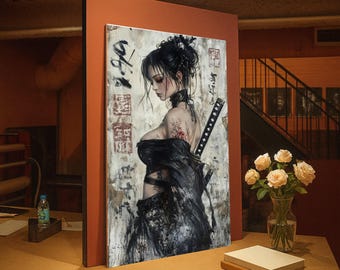Samurai Woman Canvas Art, Japanese Ink Style, Female Warrior Print