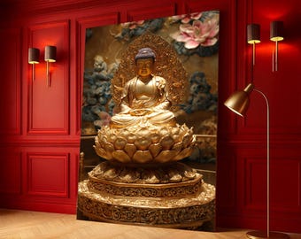 Golden Buddha Statue Canvas Wall Art, Spiritual Meditation Decor, Asian Sacred Art, Zen Home Decoration, Tranquil Buddha Print