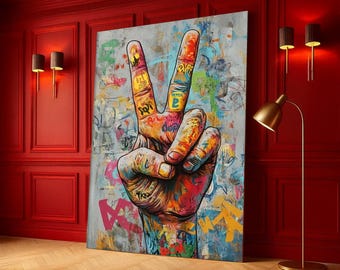 Vibrant Graffiti Peace Sign Canvas, Urban Street Art Hand Gesture, Colorful Wall Art, Modern Pop Art Canvas, Ready to Hang Home Decor