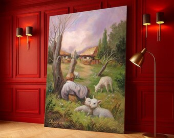 Peaceful Countryside Scene Canvas, Shepherd and Lambs Wall Art, Rustic Village Landscape Canvas, Pastoral Home Decor, Nature Canvas Print