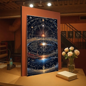 Puede incluir: Obra de arte enmarcada que representa un mapa celeste detallado con estrellas, planetas y constelaciones. La imagen presenta un fondo azul oscuro con fuentes de luz brillantes. Un jarrón con rosas se encuentra sobre una mesa de madera.