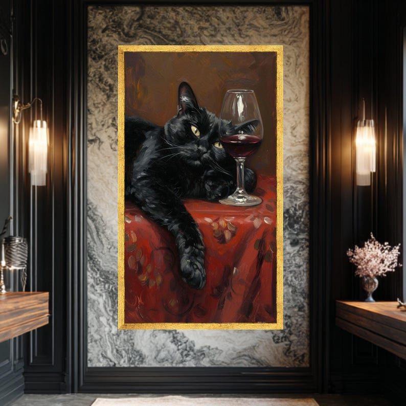 Relaxed Black Cat With Wine Glass Canvas, Cozy Home Decor, Animal Wall ...