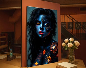 Neon Tribal Face Paint Canvas, Futuristic Woman Portrait