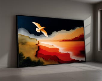 Lienzo de gaviota volando sobre la playa al atardecer, arte mural con paisaje costero, escena oceánica abstracta moderna, decoración costera para el hogar, listo para colgar.