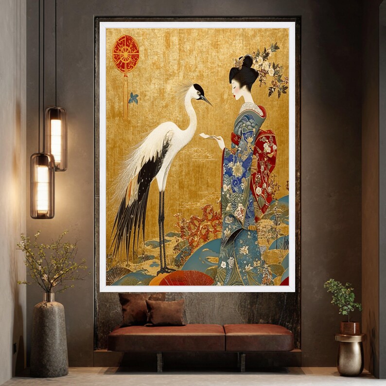 Elegant Japanese Geisha Canvas Art, Crane Bird and Floral Kimono Wall ...