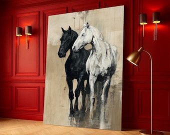Quadro em tela com cavalos em preto e branco, pintura equestre rústica, arte moderna com animais, decoração neutra para casa, pronto para pendurar.