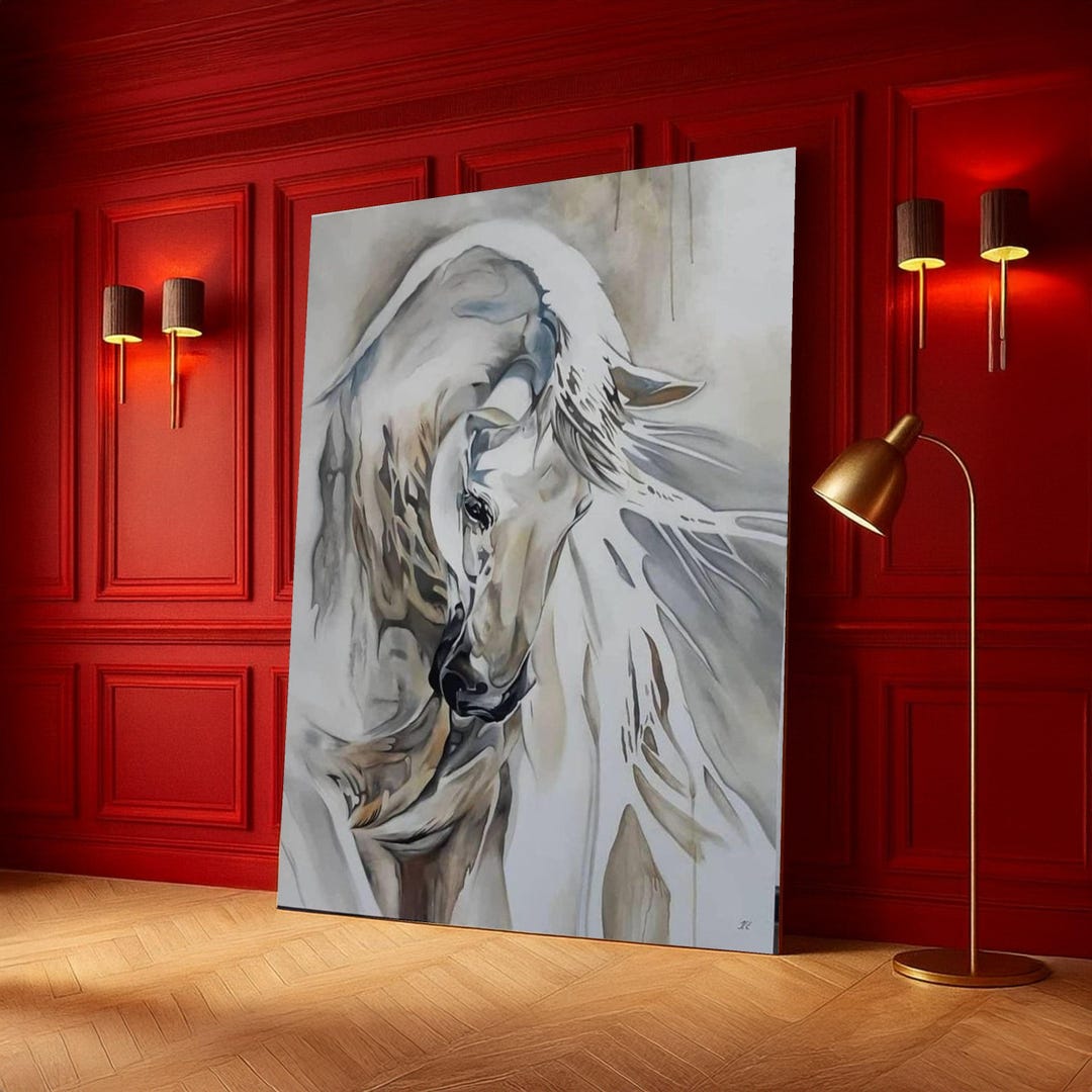 Elegant White Horse Canvas Wall Art, Abstract Equine Painting, Modern ...